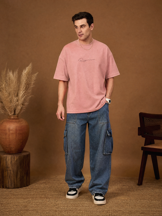 Men Oversize Printed Round Neck T-shirt Peach