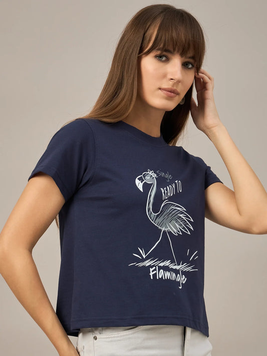 Women Printed Regular Fit T-shirt Navy