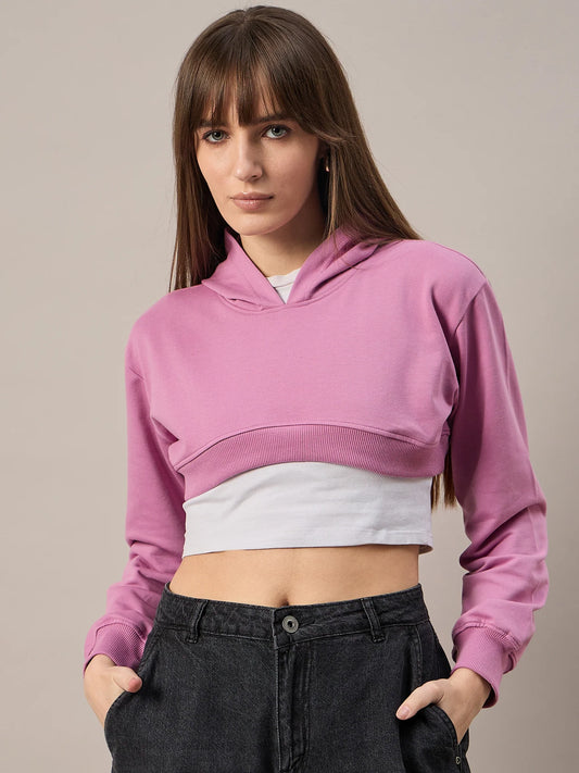 Women Dark Pink Solid Cropped Hoodie - Reprise