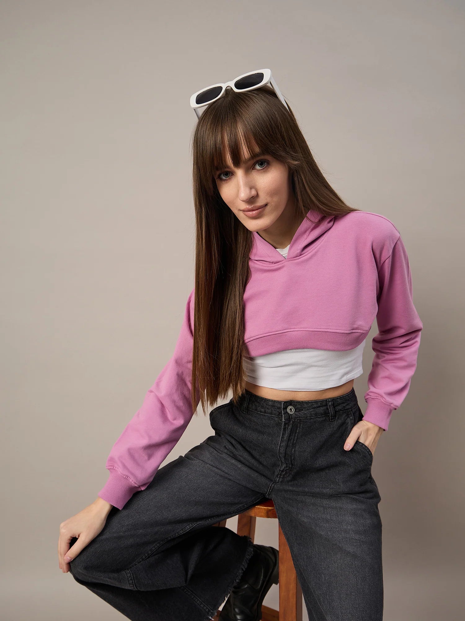 Women Dark Pink Solid Cropped Hoodie - Reprise