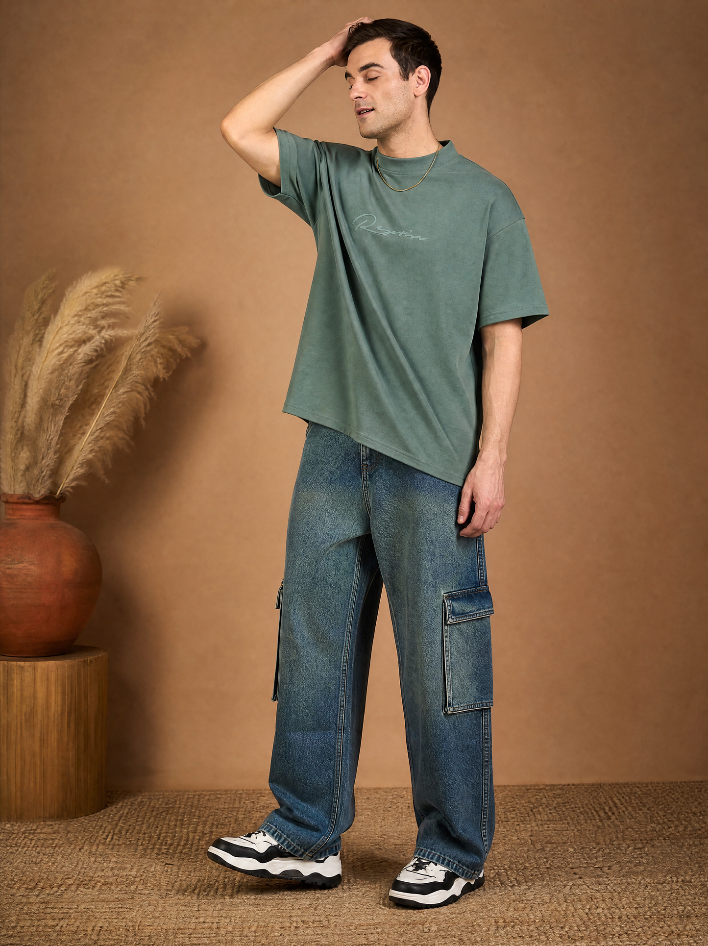 Men Oversize Printed Round Neck T-shirt Olive