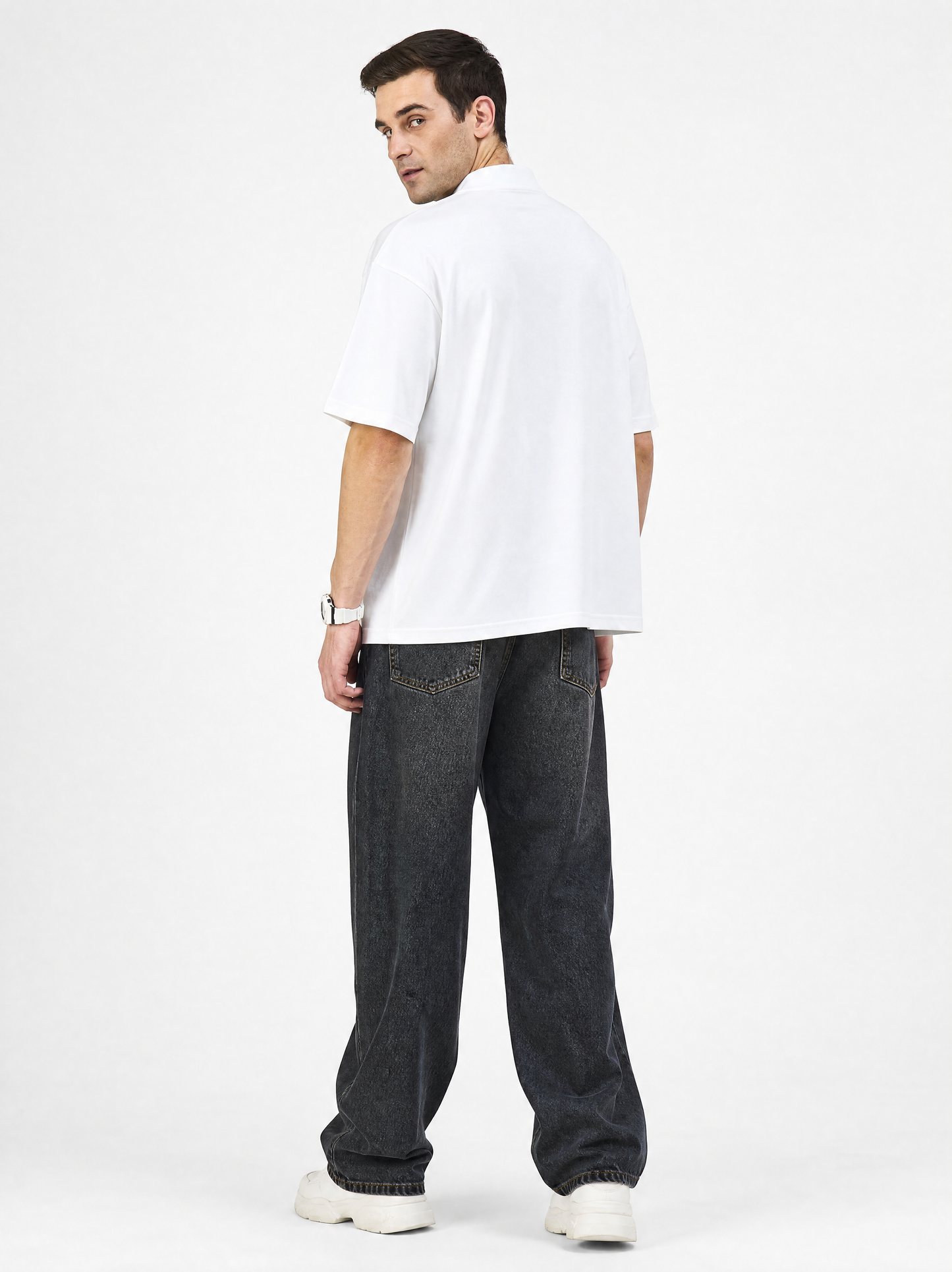 Men Oversized Printed Round Neck Drop shoulder T-shirt White