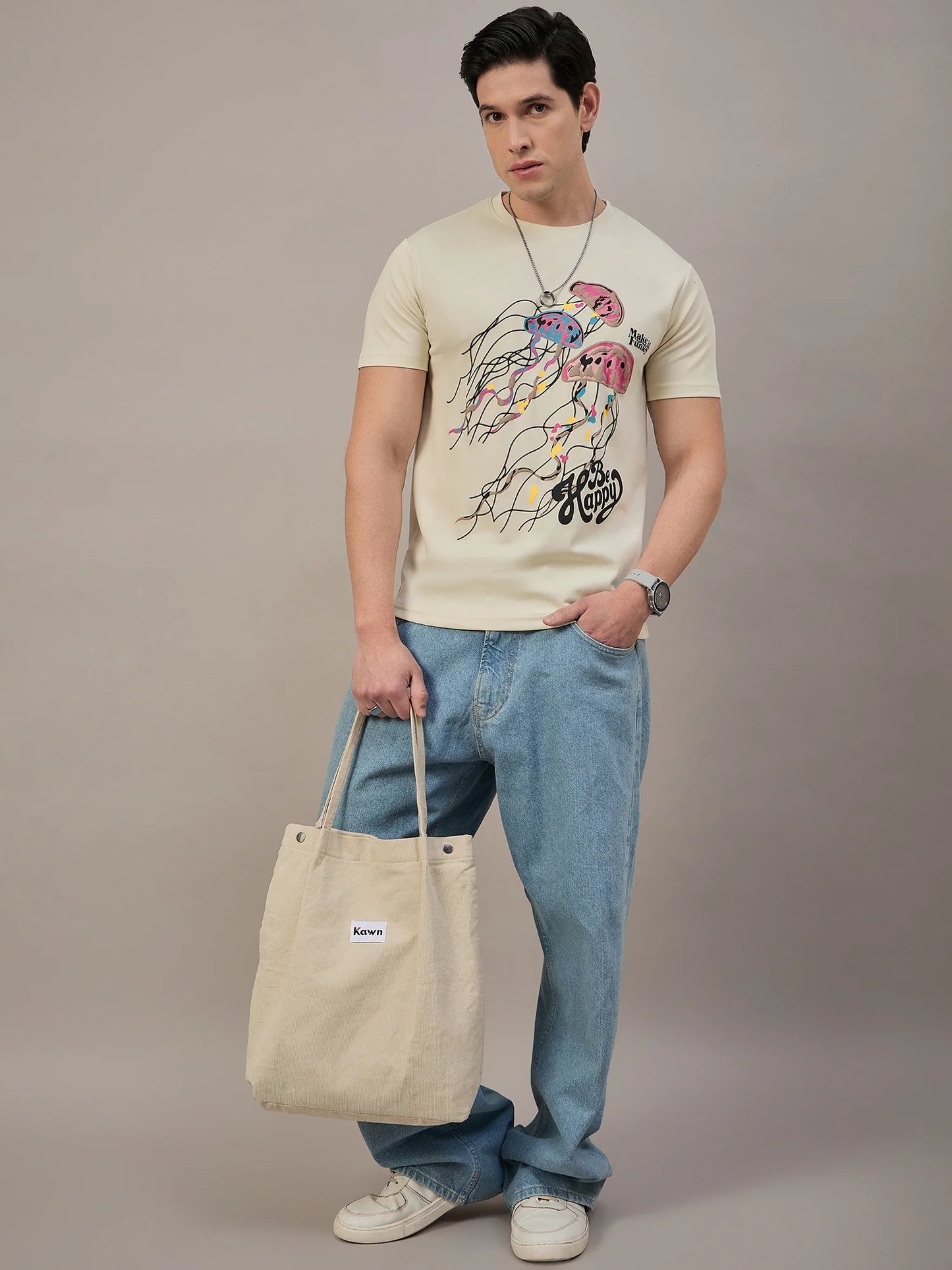 Men Printed Round Neck T-shirt Cream - Reprise
