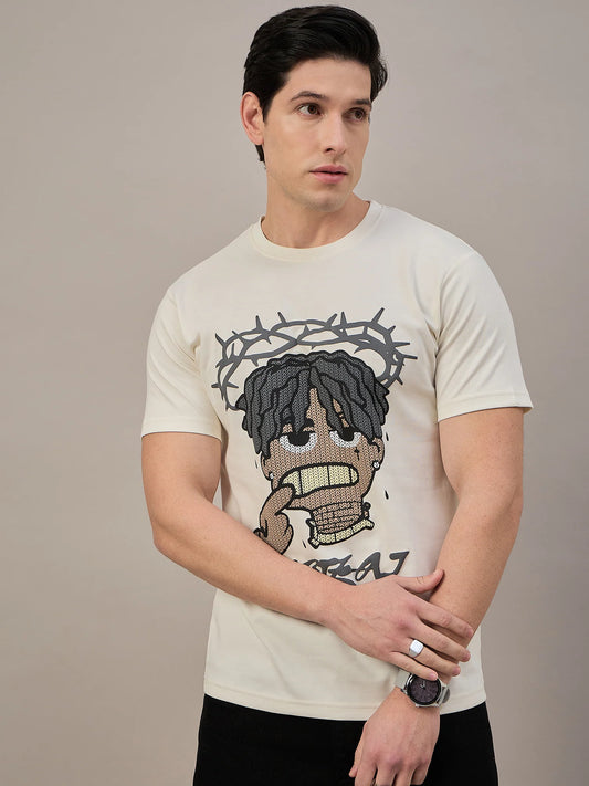 Men Printed Round Neck T-shirt off White - Reprise
