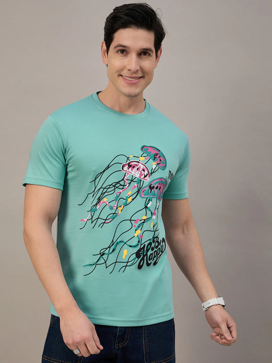 Men Printed Round Neck T-shirt Sky Blue - Reprise