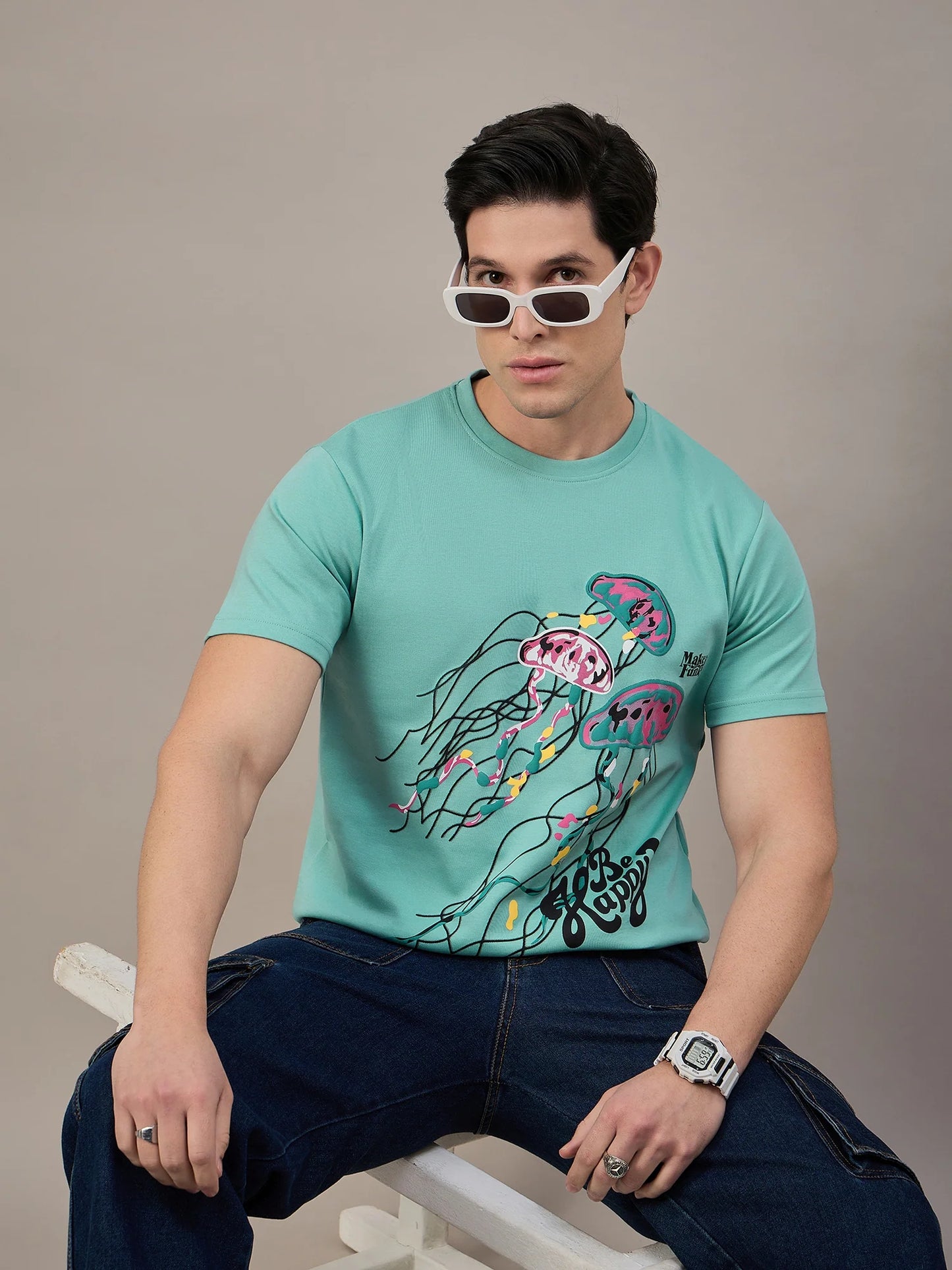 Men Printed Round Neck T-shirt Sky Blue - Reprise