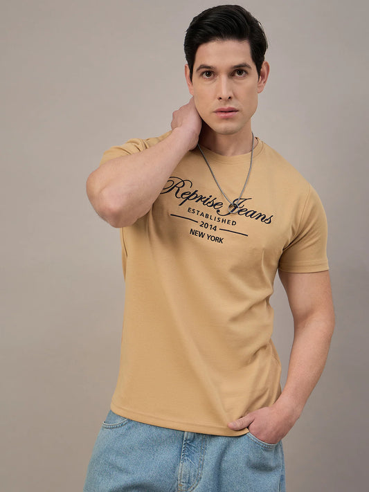 Men Printed Embroidered T-Shirt Light Brown - Reprise