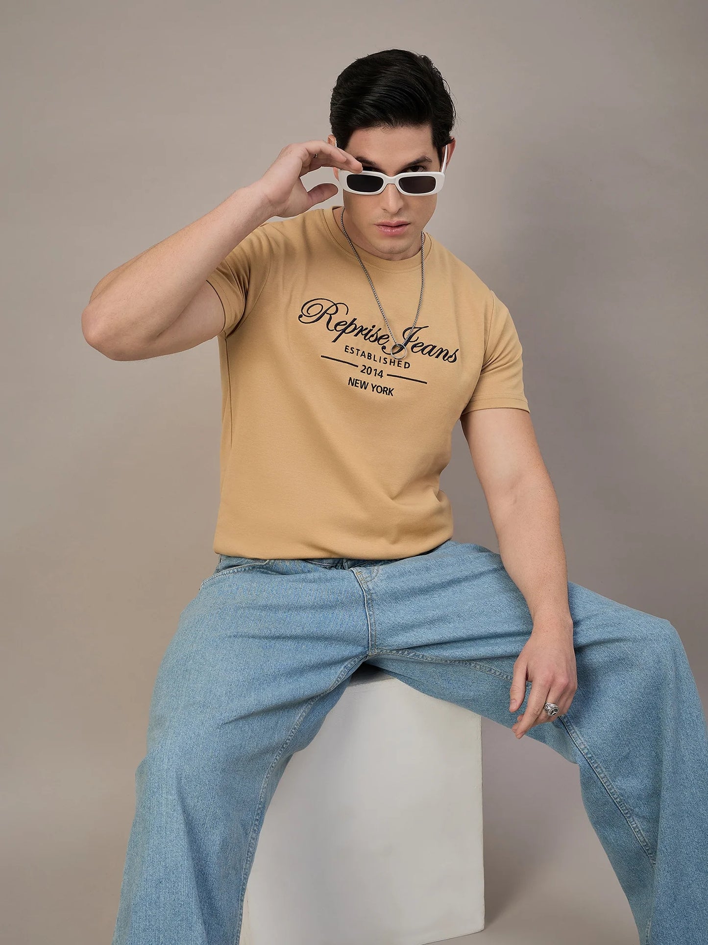 Men Printed Embroidered T-Shirt Light Brown - Reprise