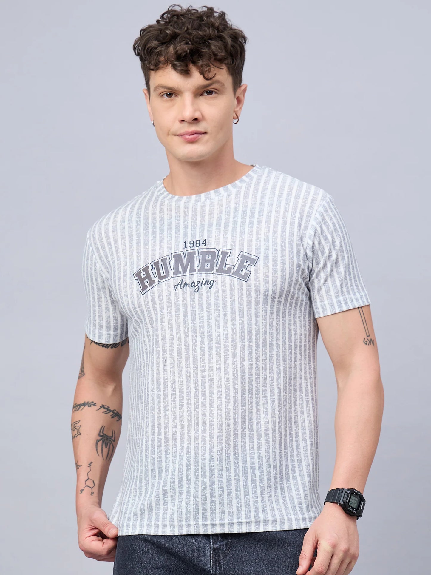 Mens Striped T-shirt Light Grey