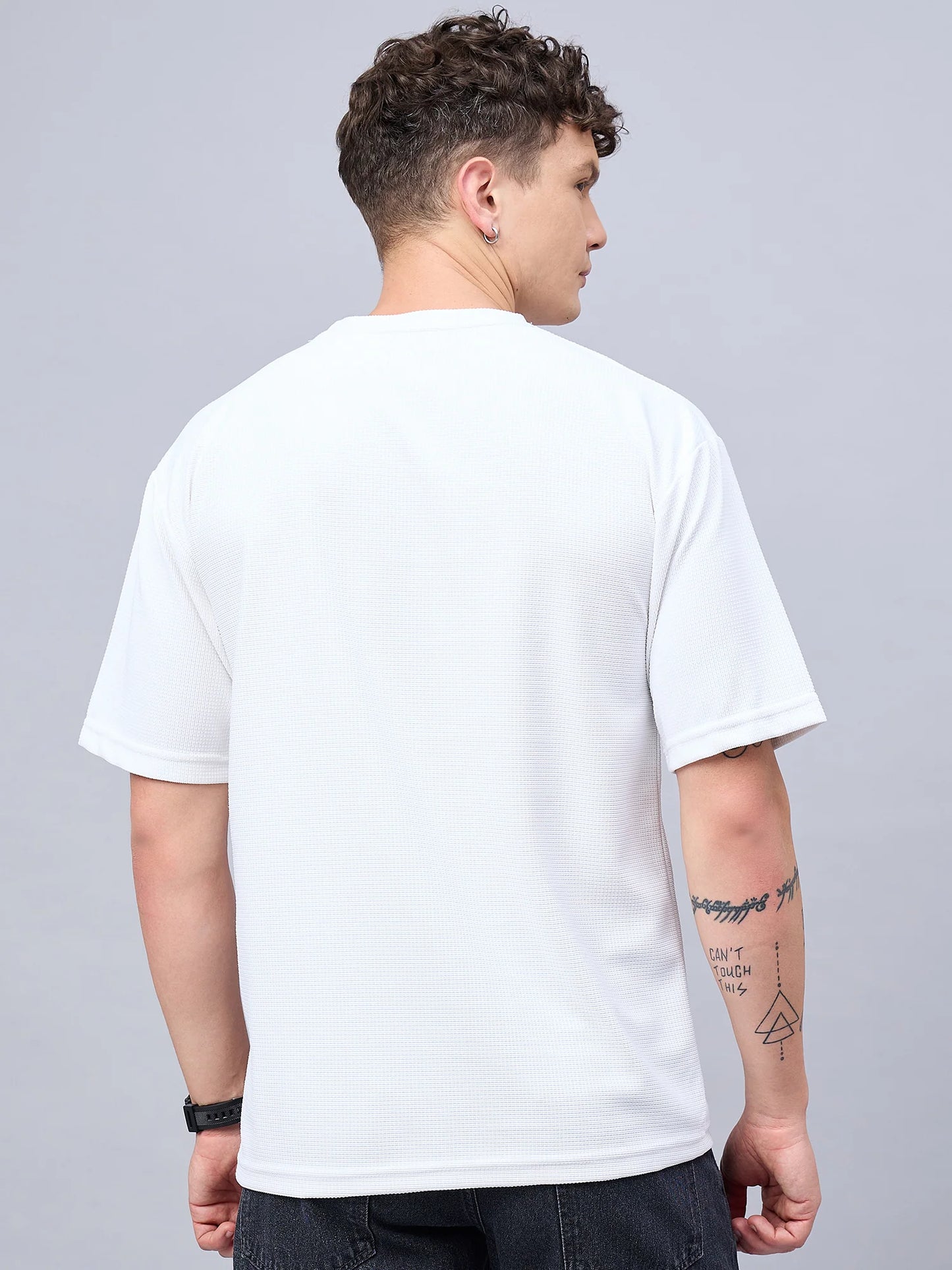 Men Textured Oversized Round Neck Drop Shoulder T-shirt White