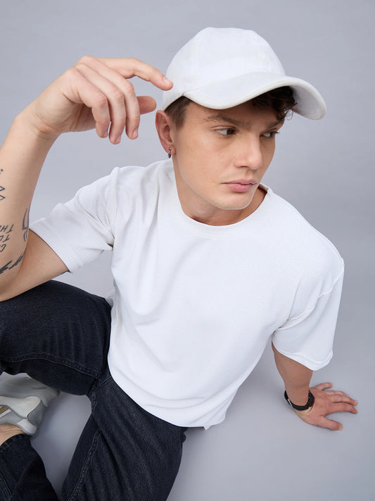 Men Textured Oversized Round Neck Drop Shoulder T-shirt White