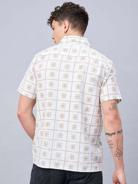 Men White Self Design Printed Half Sleeve Shirt - Reprise