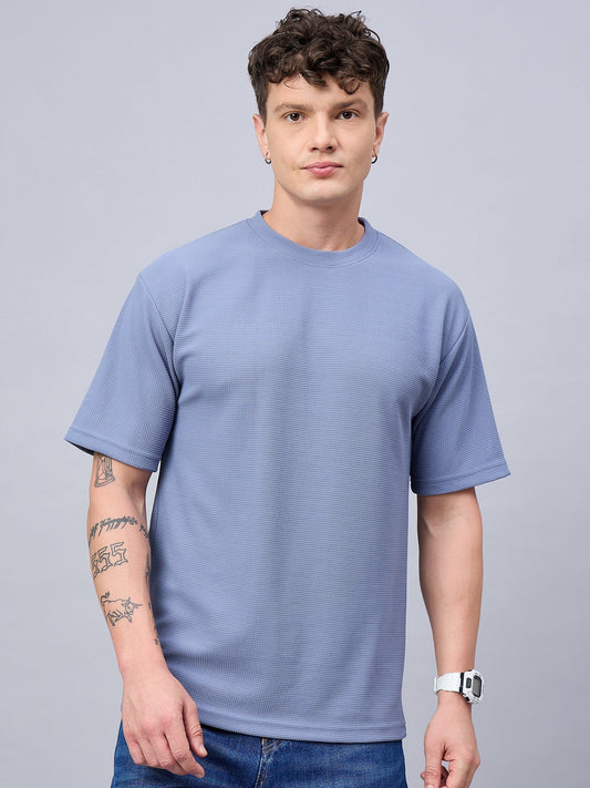 Men Oversized Textured Round Neck Drop Shoulder T-shirt Blue
