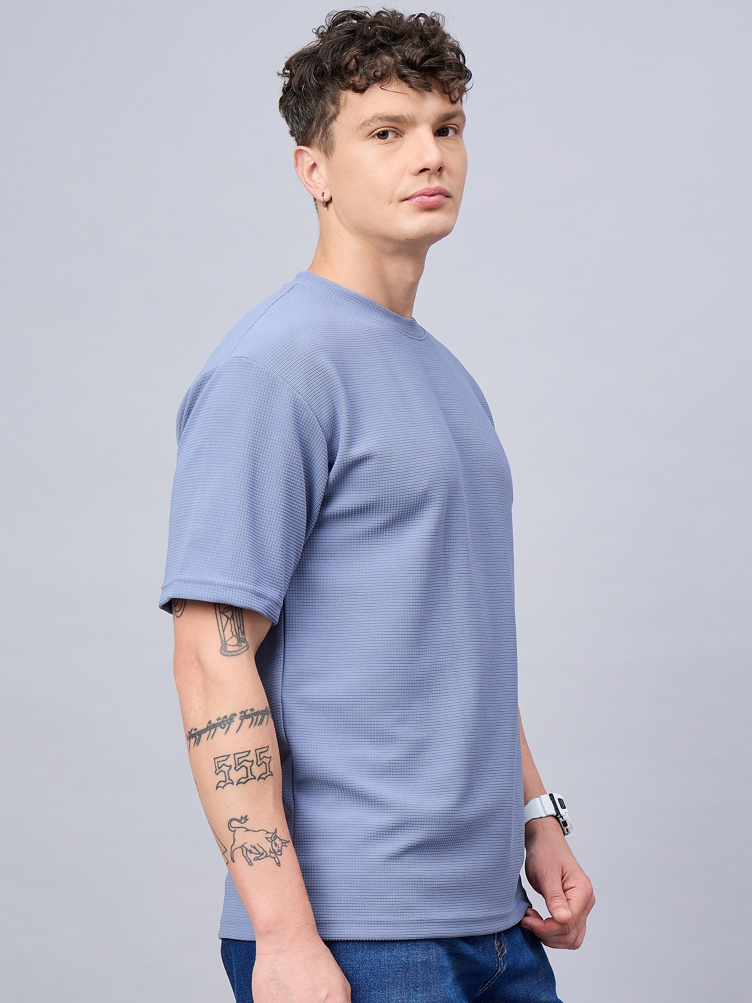 Men Oversized Round Neck Drop Shoulder T-shirt Blue