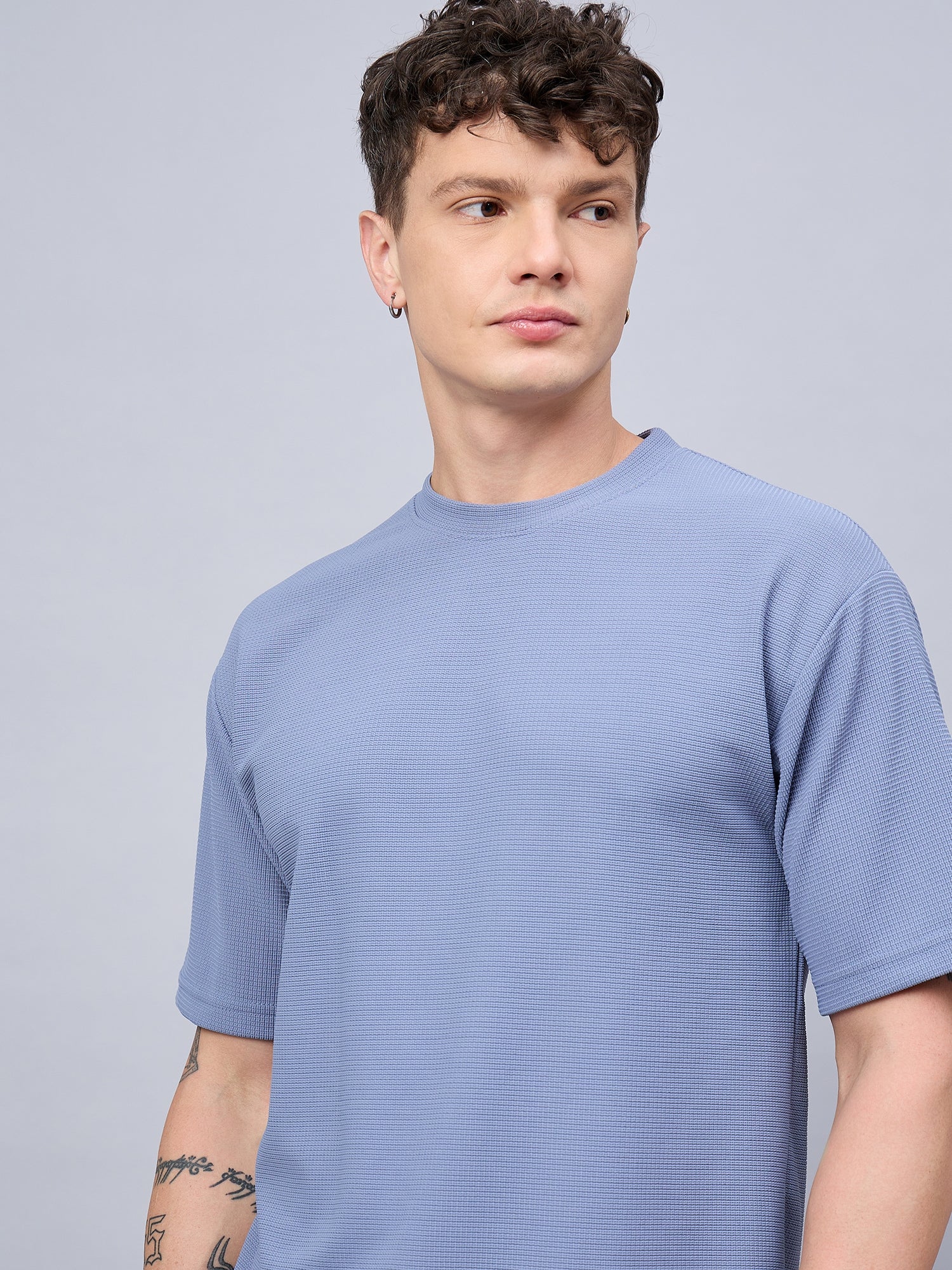 Men Oversized Round Neck Drop Shoulder T-shirt Blue