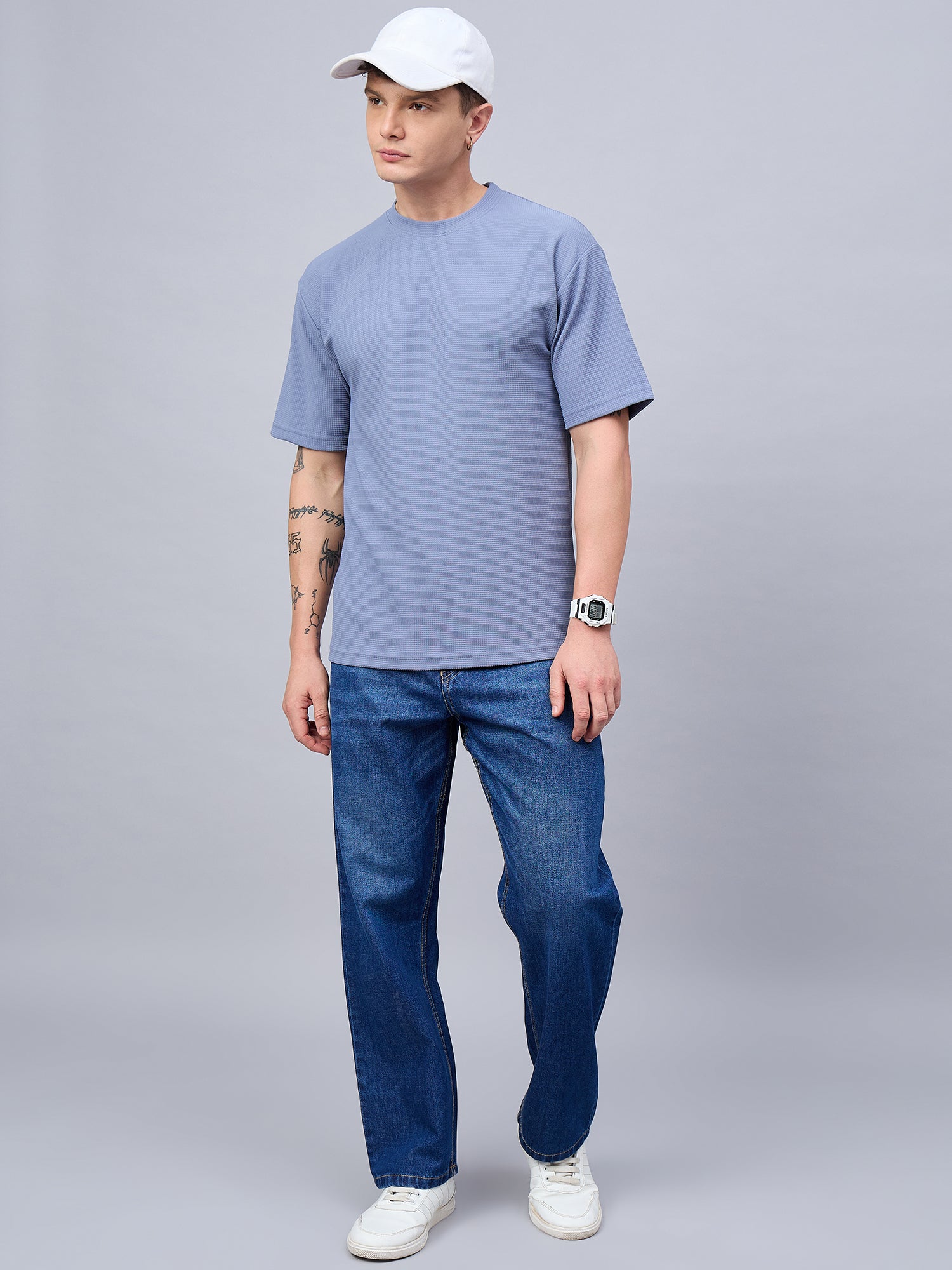 Men Oversized Round Neck Drop Shoulder T-shirt Blue
