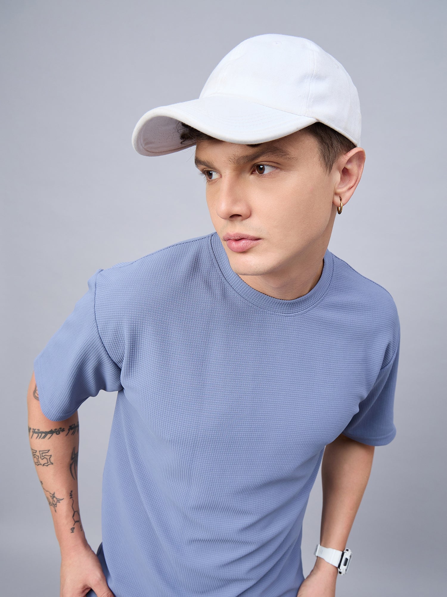 Men Oversized Round Neck Drop Shoulder T-shirt Blue