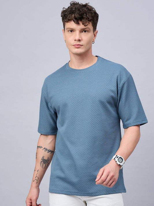 Men Oversized Textured Round Neck Drop Shoulder T-shirt Teal