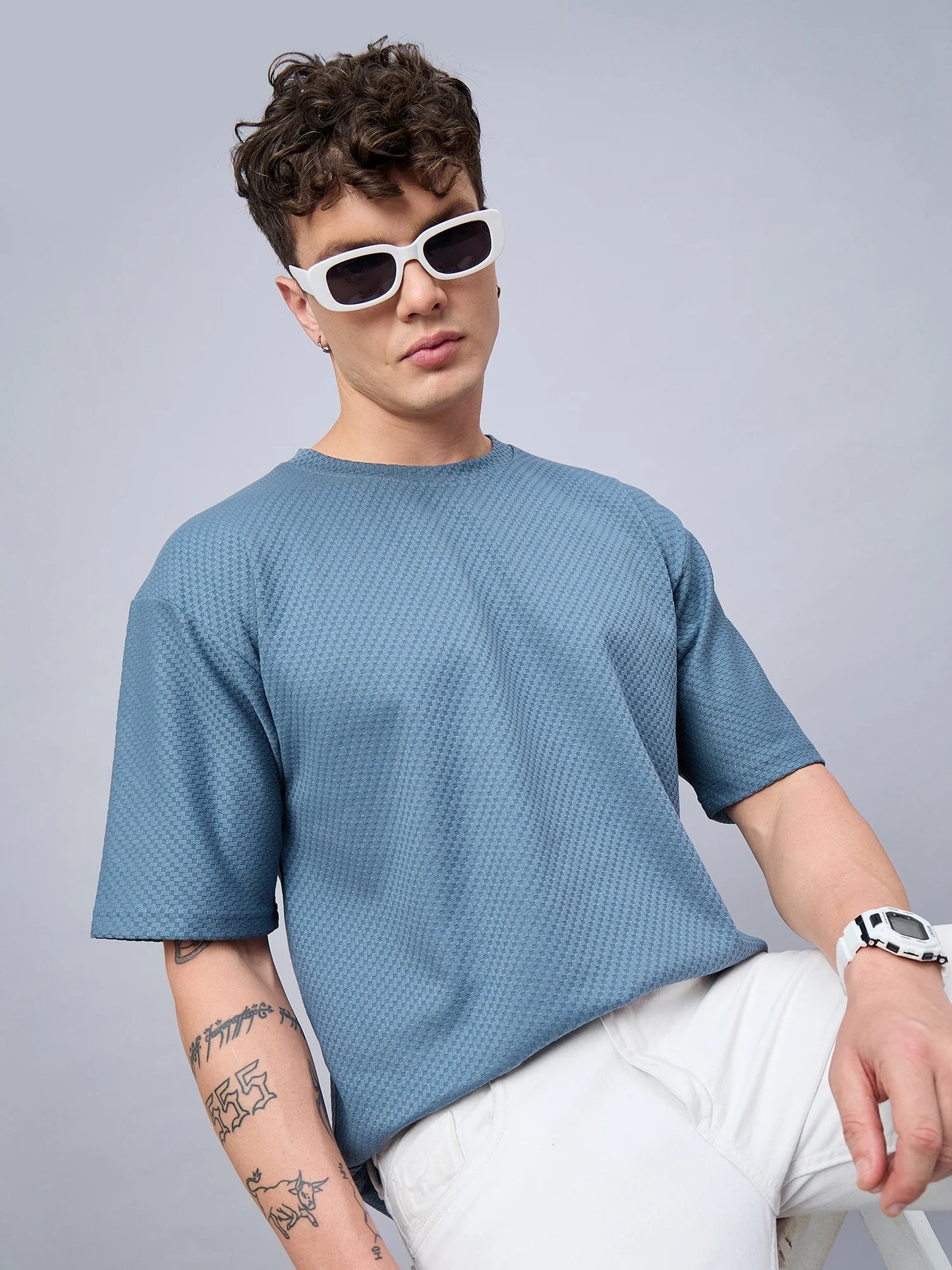 Men Oversized Textured Round Neck Drop Shoulder T-shirt Teal