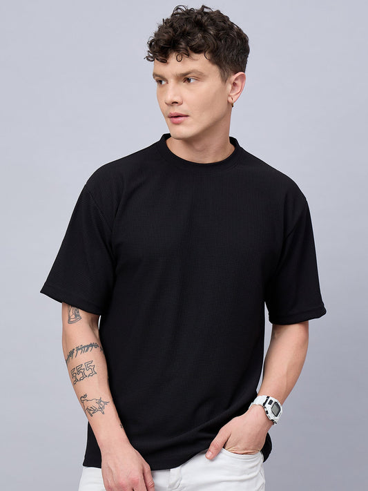 Men Oversized Textured Round Neck Drop Shoulder T-shirt Black