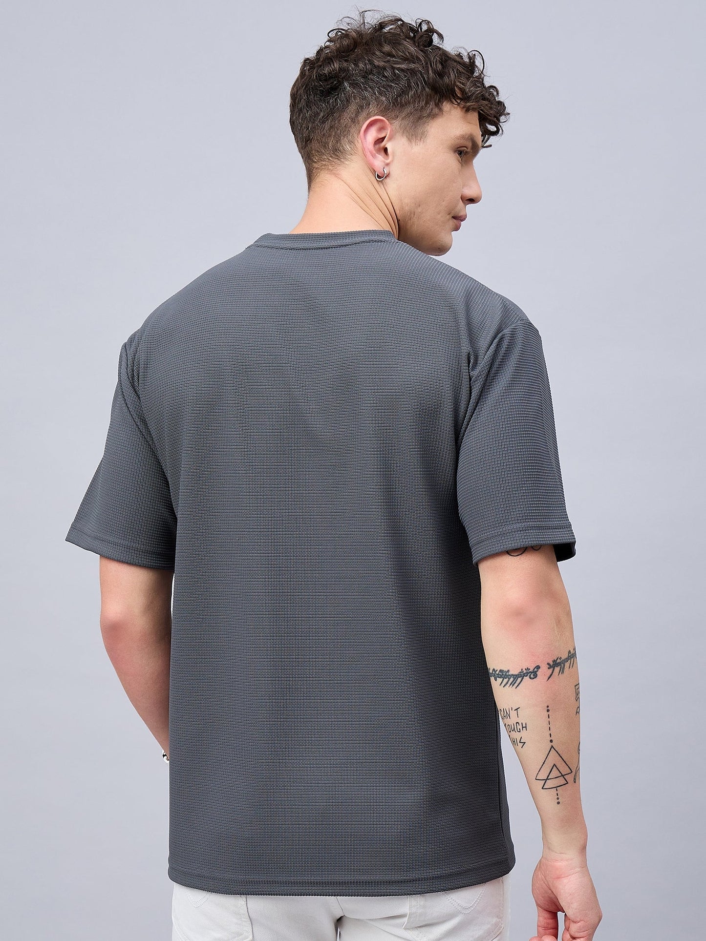 Men Oversized Textured Round Neck Drop Shoulder T-shirt Grey