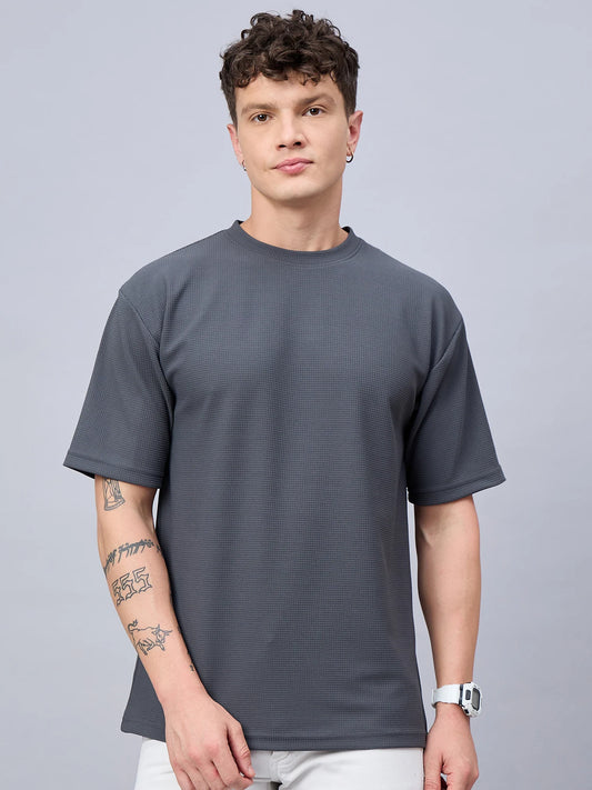 Men Oversized Textured Round Neck Drop Shoulder T-shirt Grey