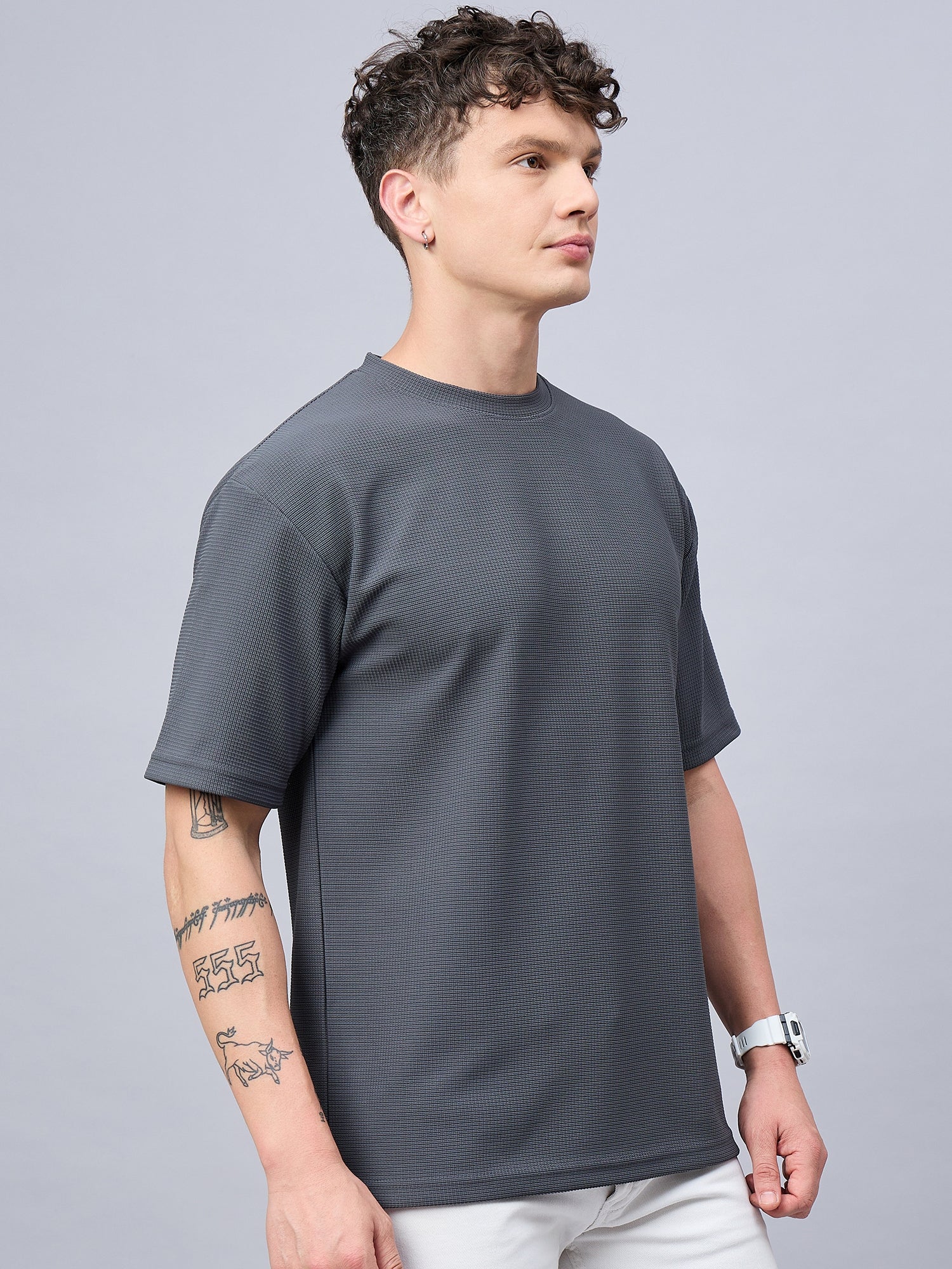 Men Oversized Round Neck Drop Shoulder T-shirt Grey