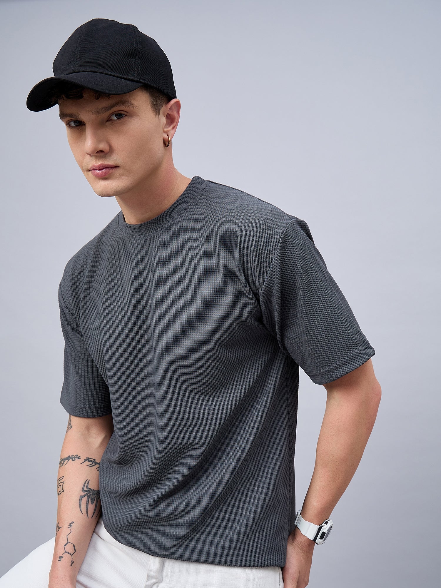 Men Oversized Round Neck Drop Shoulder T-shirt Grey
