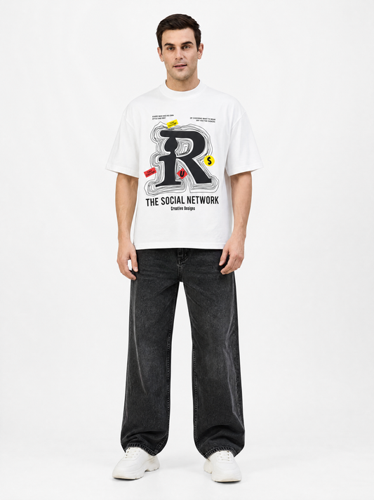 Men Oversized Printed Round Neck Drop shoulder T-shirt White - Reprise