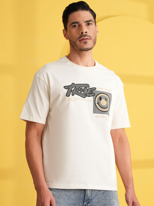 Men Oversize Printed Round Neck T-shirt White