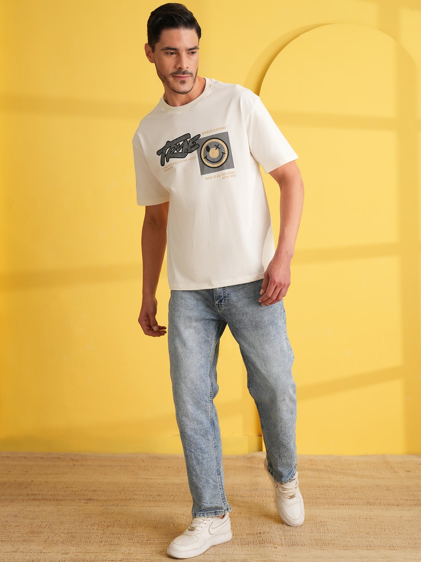 Men Oversize Printed Round Neck T-shirt White