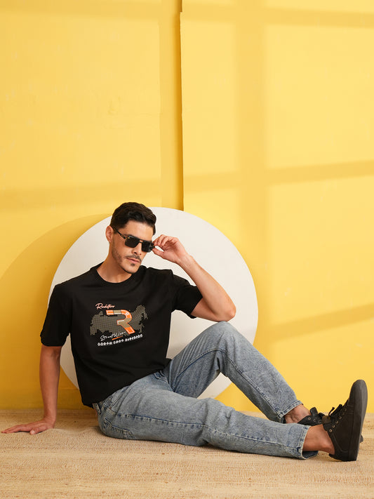 Men Oversize Printed Round Neck T-shirt Black - Reprise
