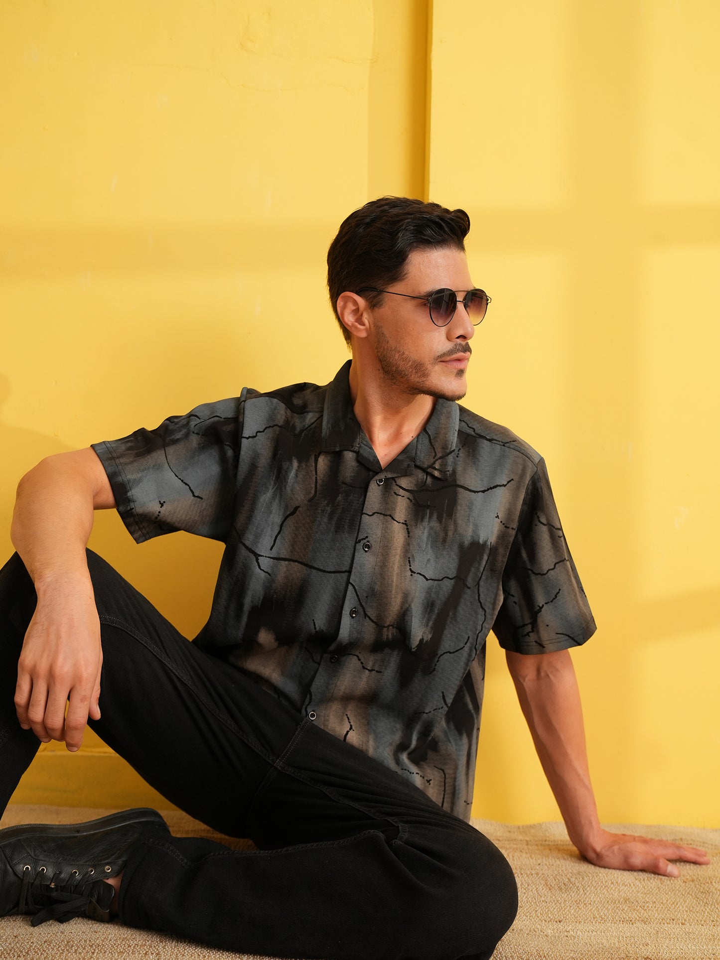Men Self Design Printed Half Sleeve Shirt Dark Grey - Reprise