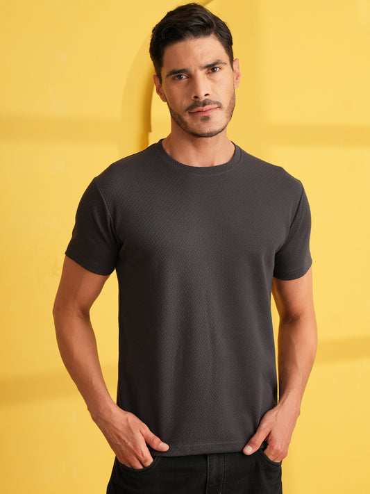 Men Solid Round Neck T-shirt Dark Grey