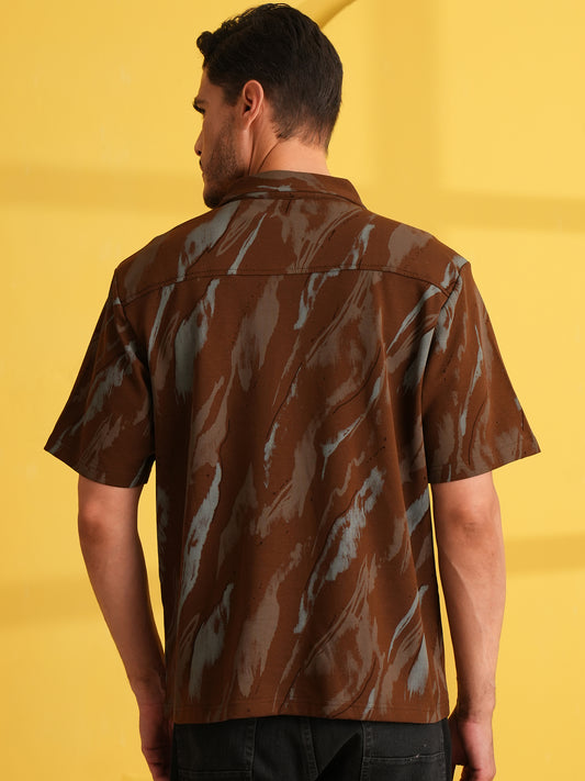 Men Self Design Printed Half Sleeve Shirt Dark Brown - Reprise