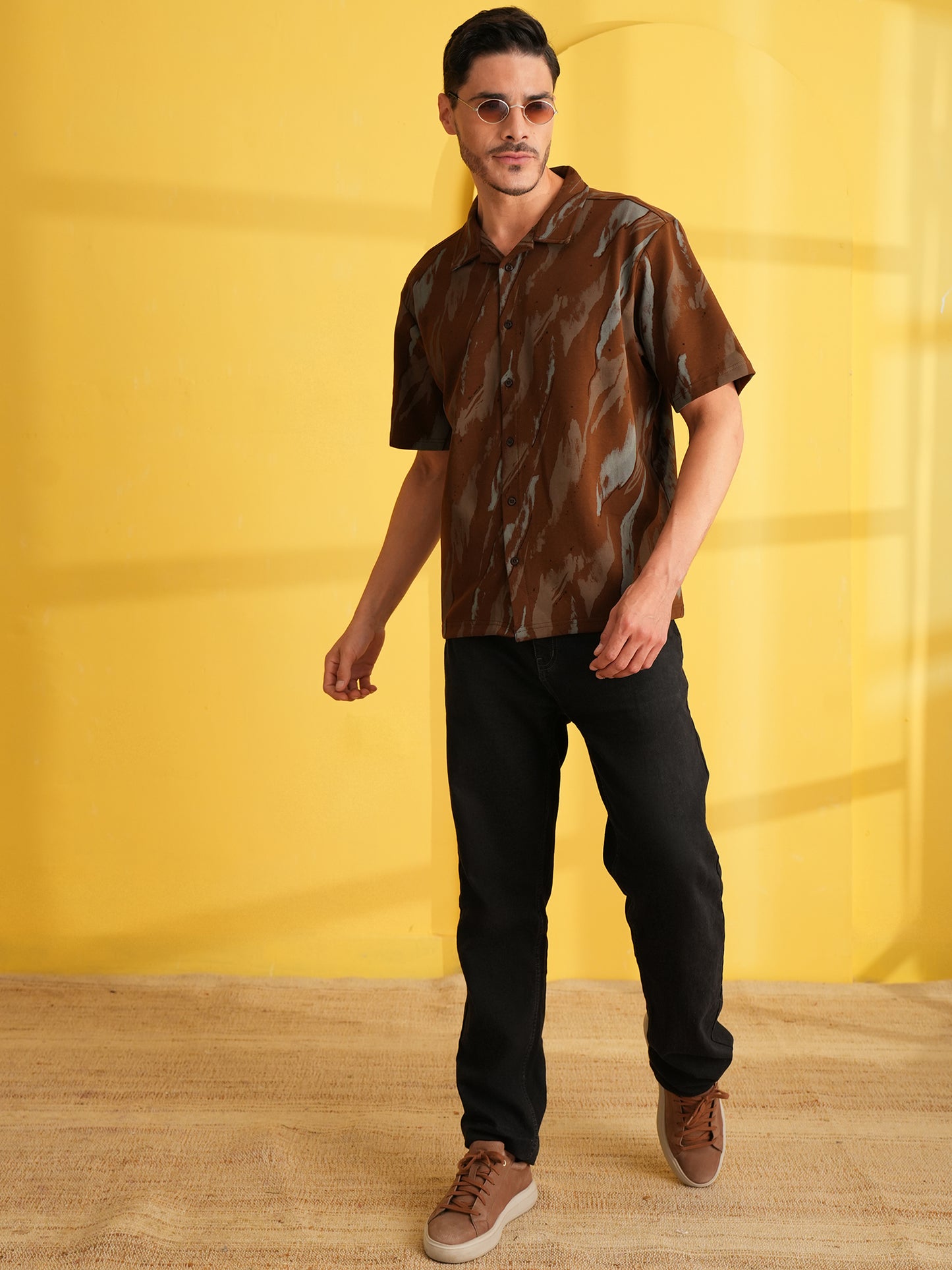 Men Self Design Printed Half Sleeve Shirt Dark Brown - Reprise