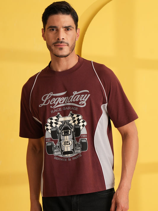 Men Oversized Printed Round Neck Drop Shoulder T-shirt Maroon