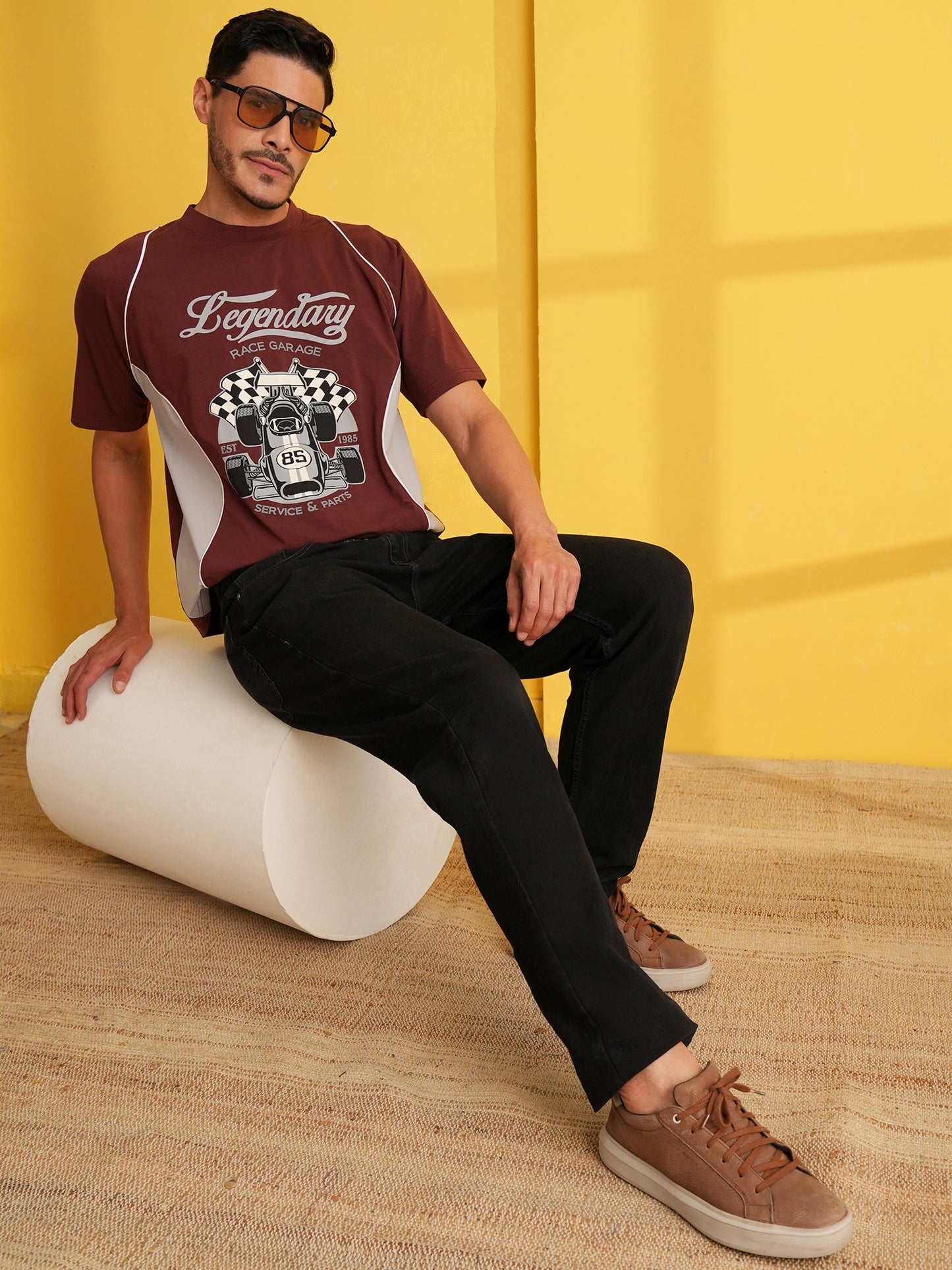 Men Oversized Printed Round Neck Drop Shoulder T-shirt Maroon - Reprise