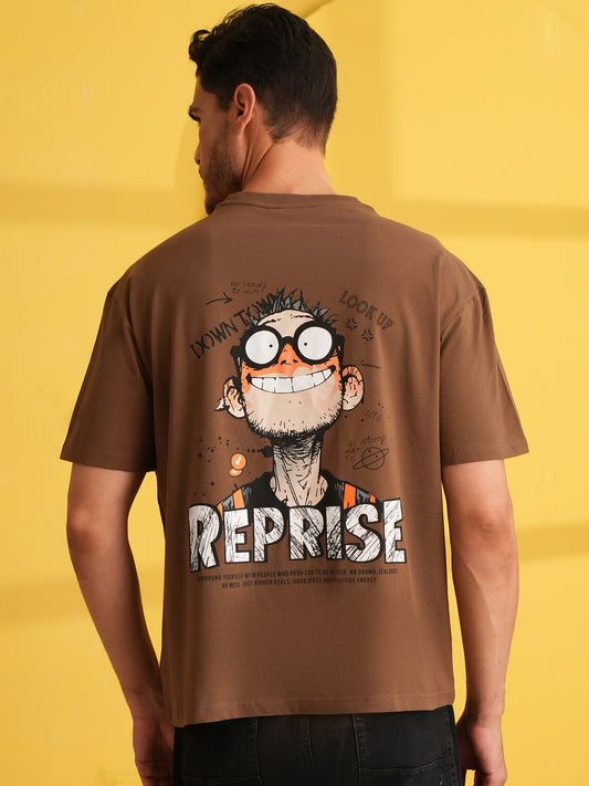 Men Oversize Printed Round Neck T-shirt Brown - Reprise