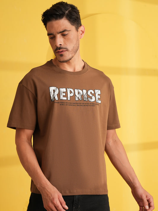Men Oversize Printed Round Neck T-shirt Brown