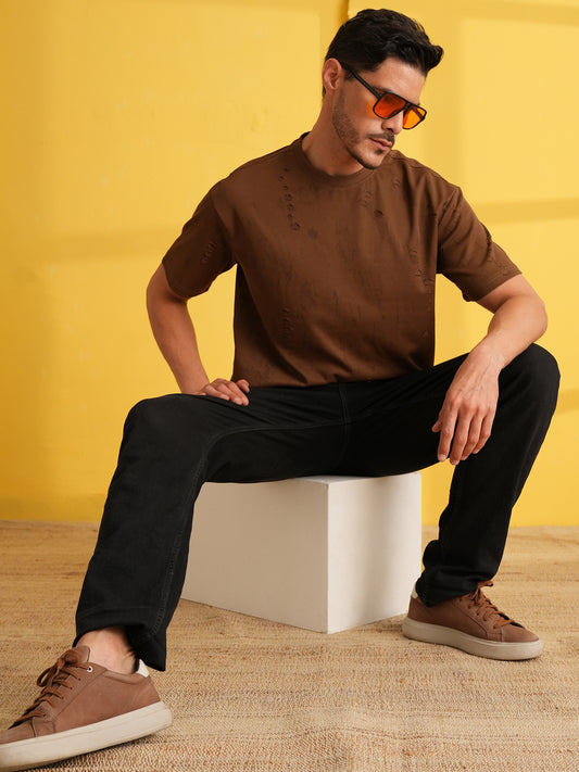 Men Oversize Printed Round Neck T-shirt Dark Brown - Reprise