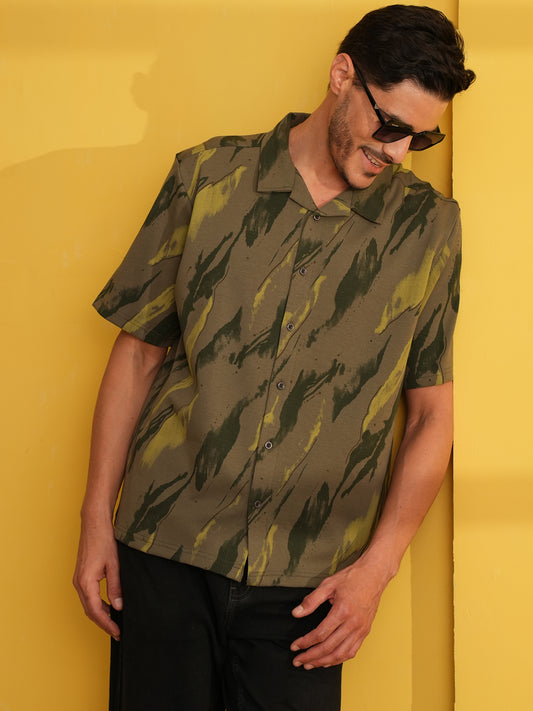 Men Self Design Printed Half Sleeve Shirt Olive Green - Reprise