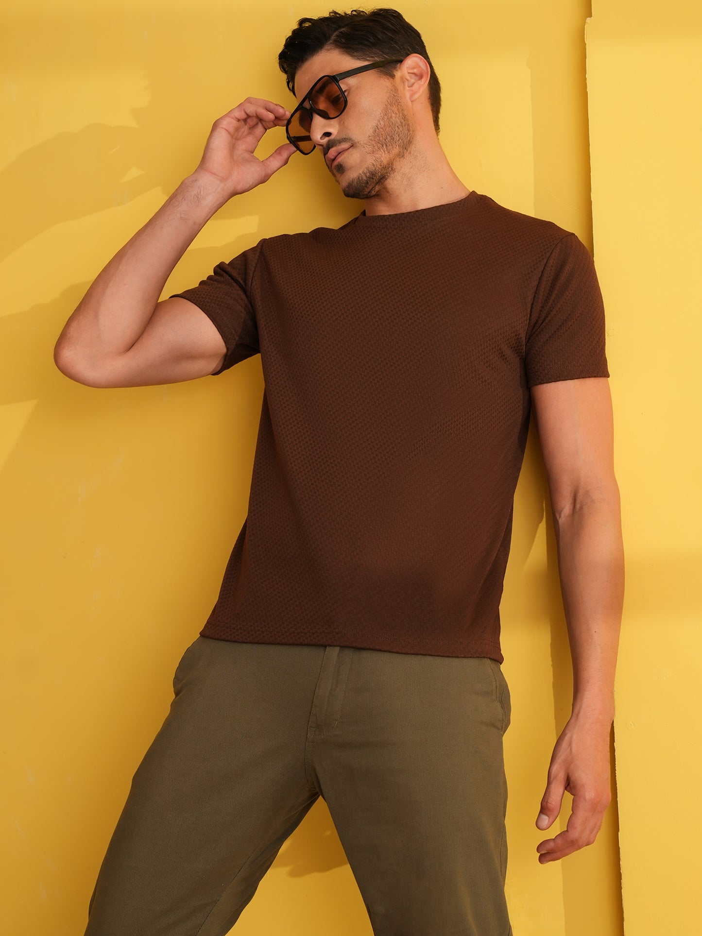 Men Solid Round Neck T-shirt Brown