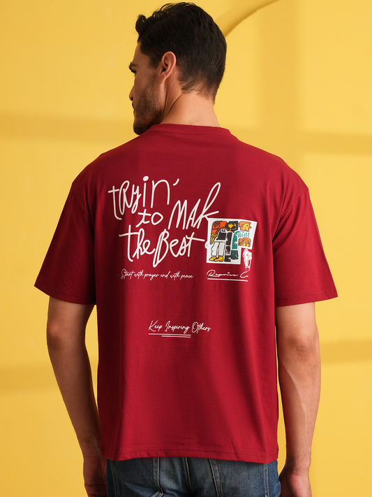 Men Oversized Printed Round Neck Drop Shoulder T-shirt Red - Reprise