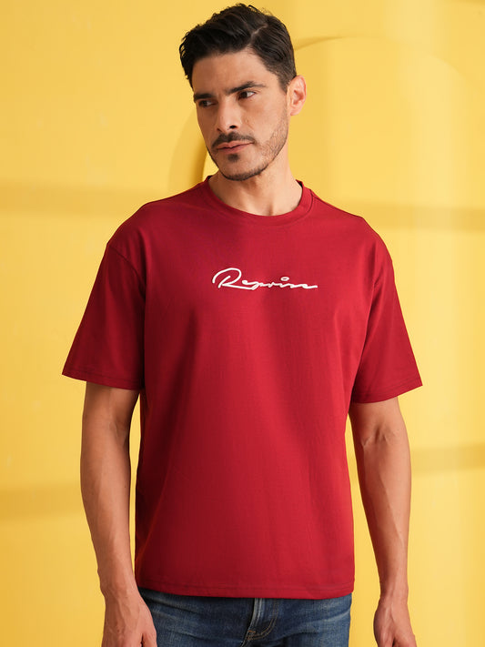 Men Oversized Printed Round Neck Drop Shoulder T-shirt Red