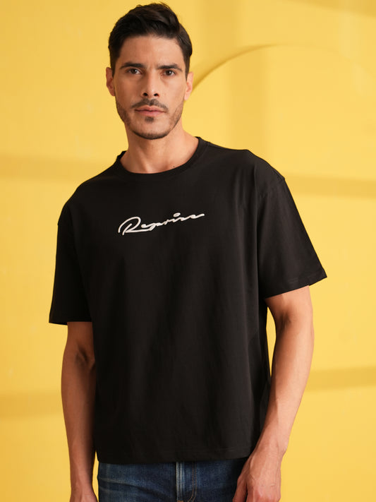 Men Oversized Printed Round Neck Drop Shoulder T-shirt Black