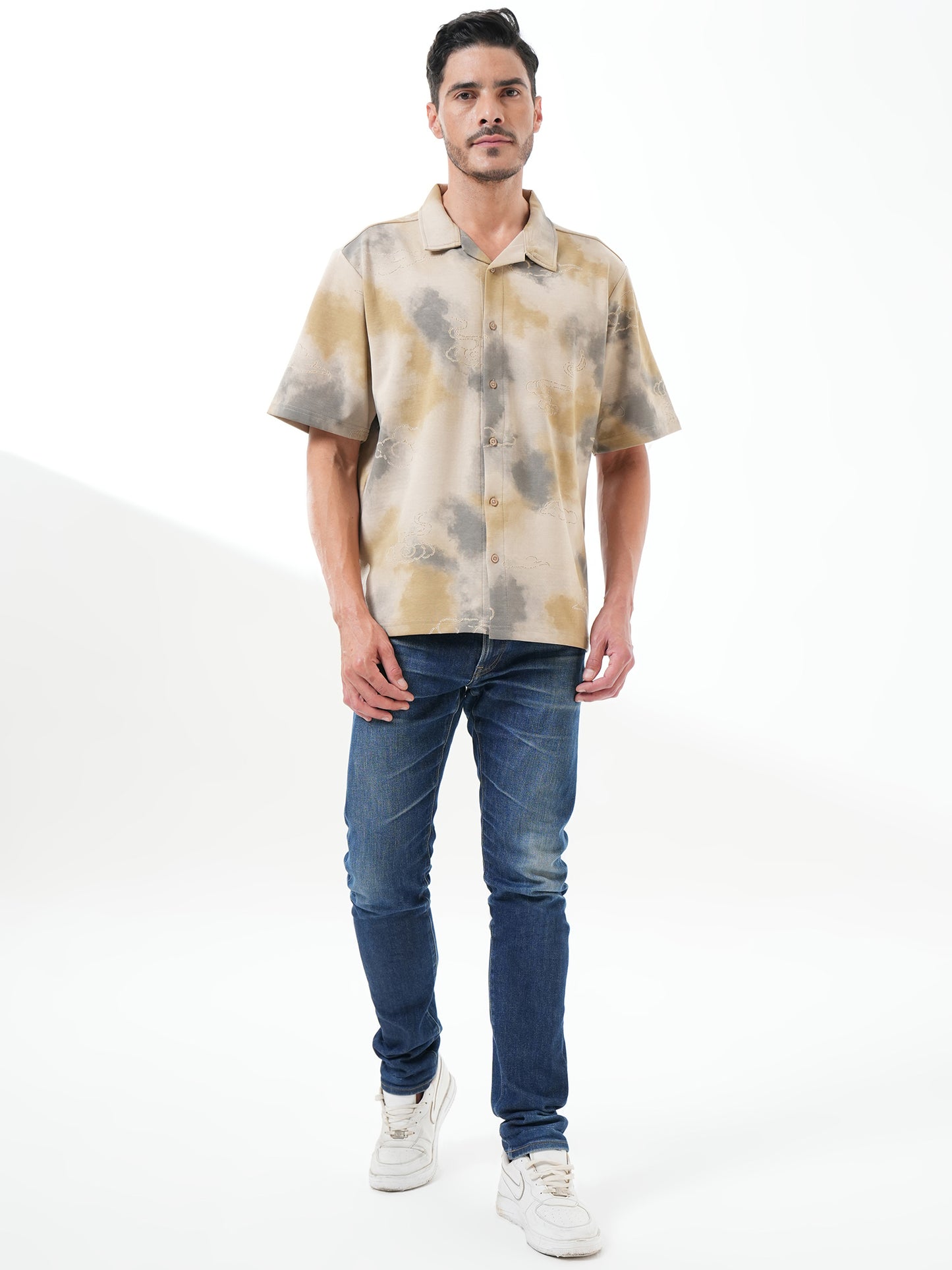 Men Self Design Printed Half Sleeve Shirt Beige Grey - Reprise