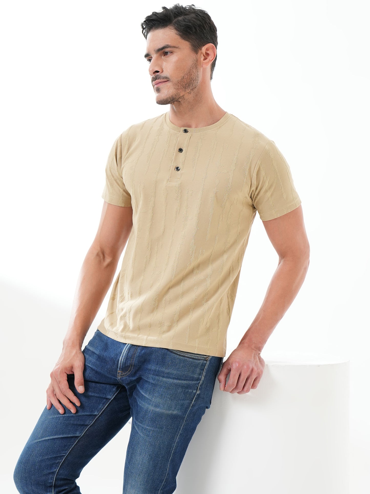 Men Textured Round Neck T-shirt Beige