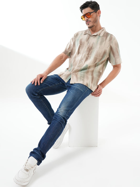 Men Self Design Printed Half Sleeve Shirt Beige Brown - Reprise