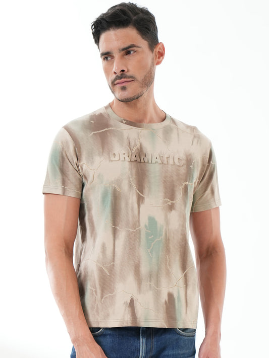Men Printed Round Neck T-shirt Beige Brown